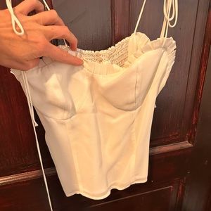 Reformation dressy tank with zip back and tie straps, white, size 0